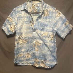 Columbia Button Down Shirt Mens M Blue River Lodge Allover Short Sleeve Fishing